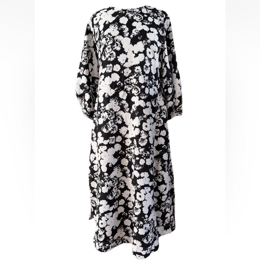 Everlane The Linen A-Line Midi Dress Black & Bone Relaxed Fit Floral Size 2